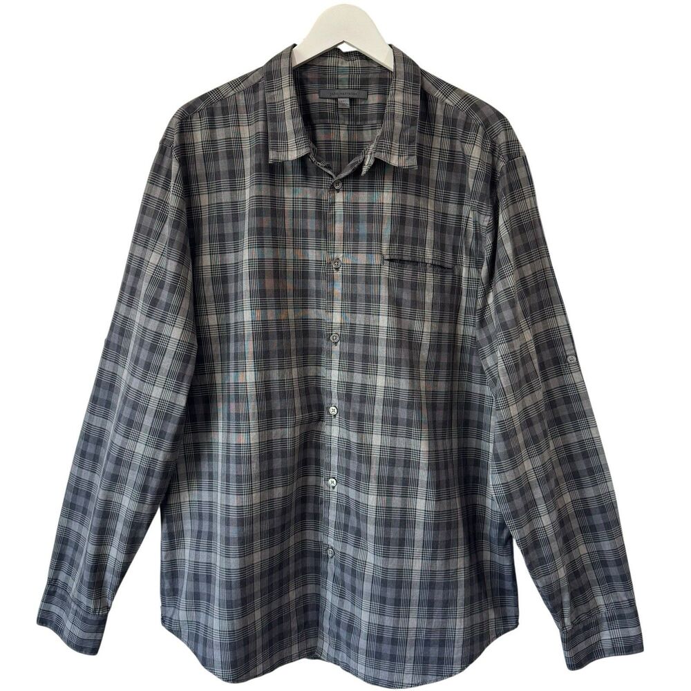 John Varvatos Gray Plaid Long Sleeve Roll Tab Sleeves Button Down Shirt XXL EUC